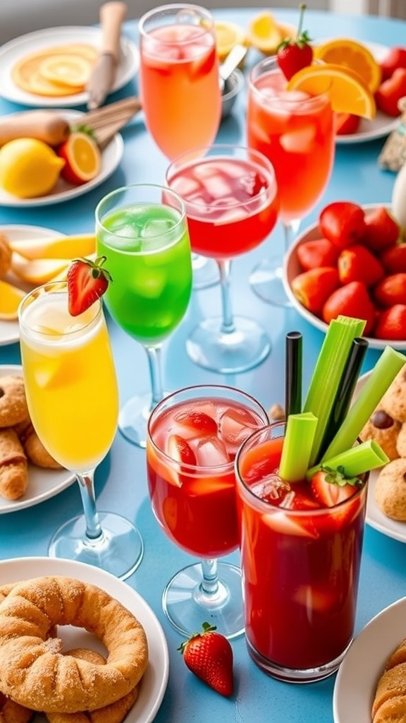 A brunch table featuring mimosas, strawberry bellinis, and bloody marys with garnishes.